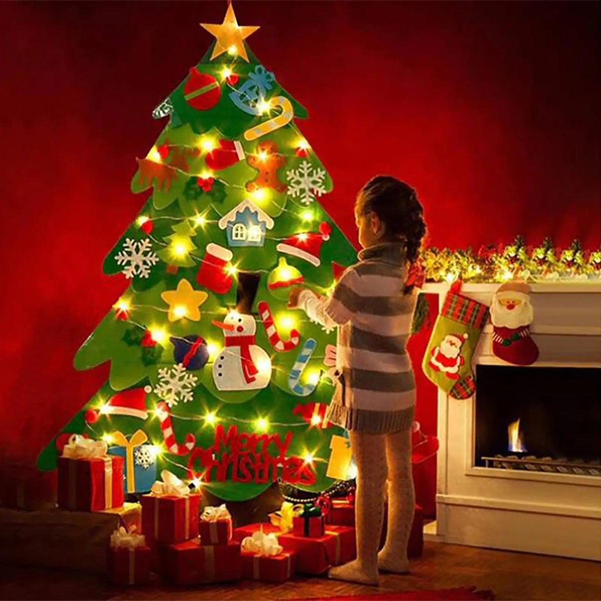 Grand Sapin de Noël en Feutrine – 95 cm + Décos + Guirlande Offerte