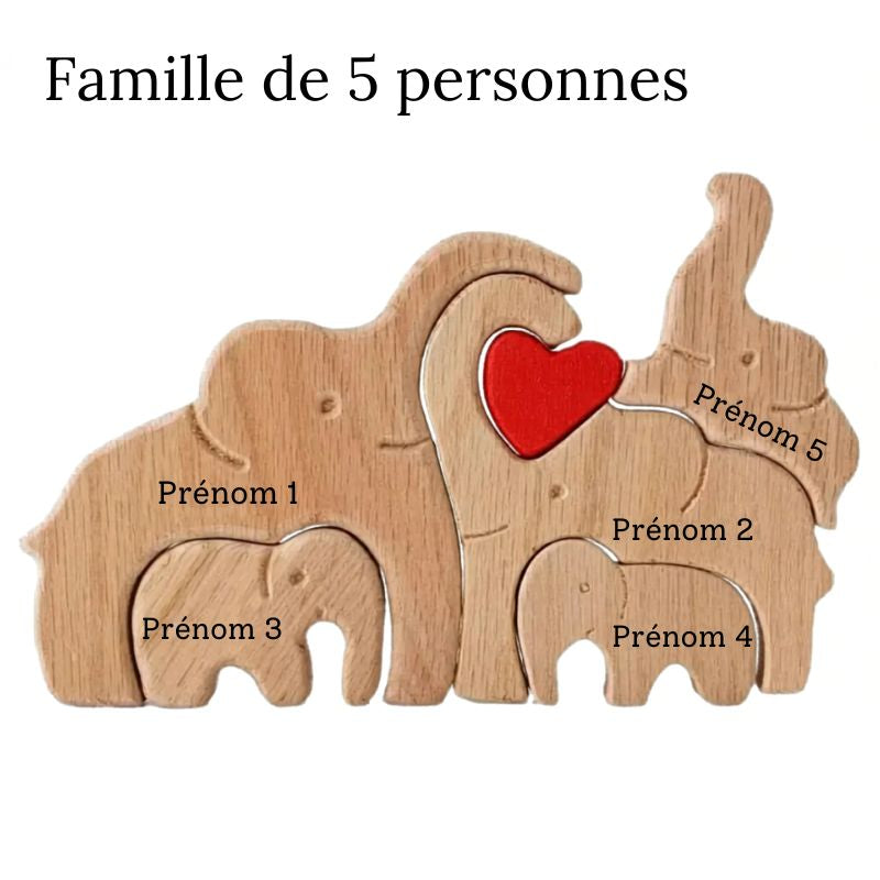 Puzzle Famille Éléphants en Bois Personnalisé – Cadeau Famille Gravure Prénom | Décoration Maison