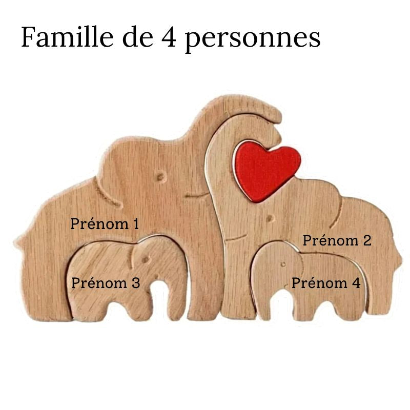 Puzzle Famille Éléphants en Bois Personnalisé – Cadeau Famille Gravure Prénom | Décoration Maison