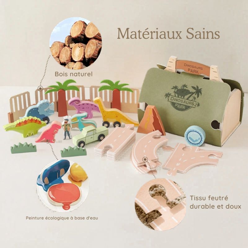 Mallette Dinosaure Jouet Enfant – Coffret Éducatif en Bois avec Figurines | Jeu d'Imitation Montessori