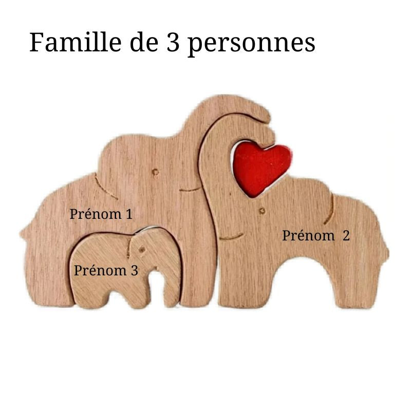 Puzzle Famille Éléphants en Bois Personnalisé – Cadeau Famille Gravure Prénom | Décoration Maison