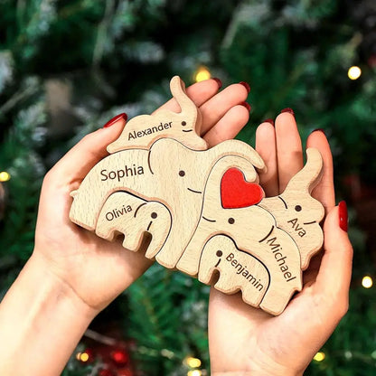 Puzzle Famille Éléphants en Bois Personnalisé – Cadeau Famille Gravure Prénom | Décoration Maison