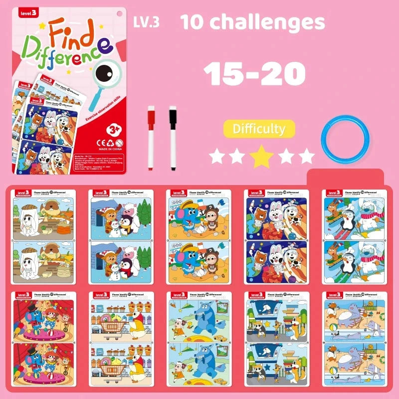 Jeu "Find the Difference" éducatif avec feutre effaçable