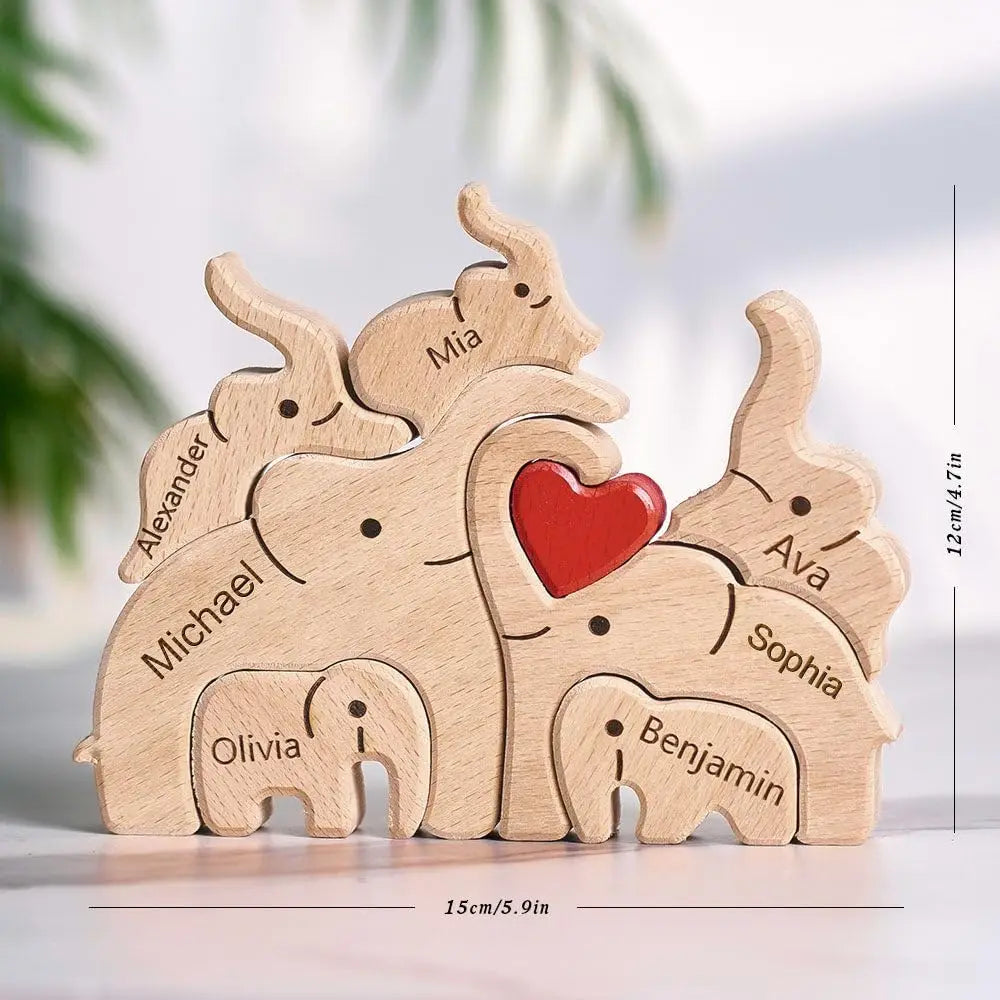 Puzzle Famille Éléphants en Bois Personnalisé – Cadeau Famille Gravure Prénom | Décoration Maison