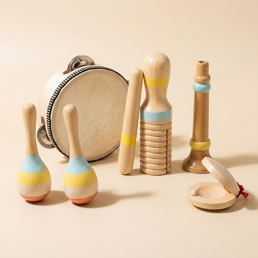 Set de 5 Instruments en Bois Montessori - Tambourin, Maracas, et Claquette pour Bébé 0-3 Ans