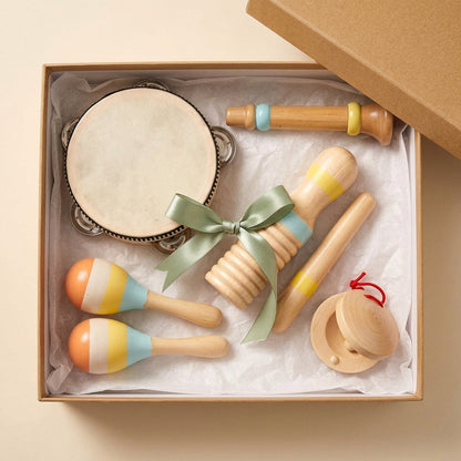 Set de 5 Instruments en Bois Montessori - Tambourin, Maracas, et Claquette pour Bébé 0-3 Ans