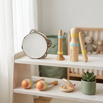 Set de 5 Instruments en Bois Montessori - Tambourin, Maracas, et Claquette pour Bébé 0-3 Ans