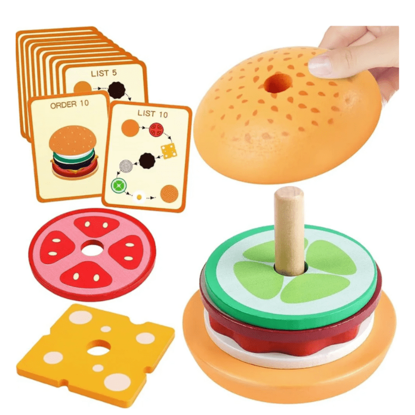 Burger en bois Montessori - Jouets d'empilement pour les tout-petits