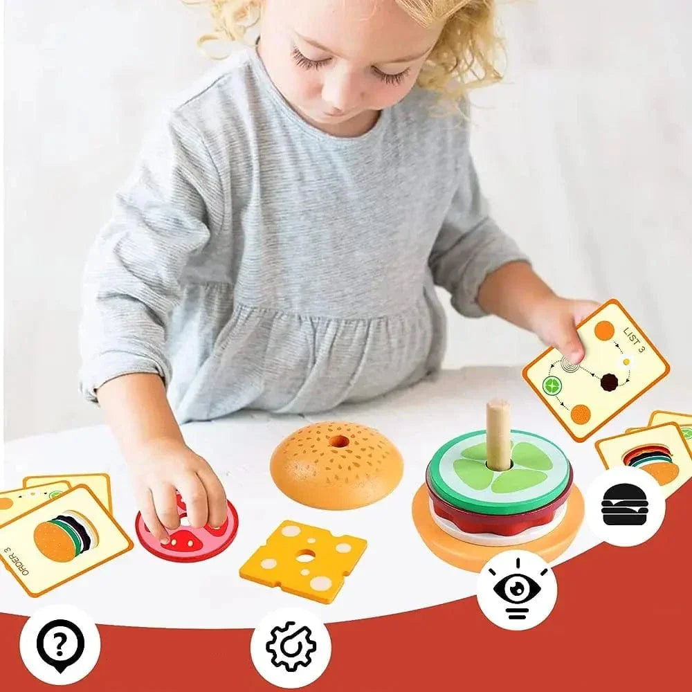 Burger en bois Montessori - Jouets d'empilement pour les tout-petits