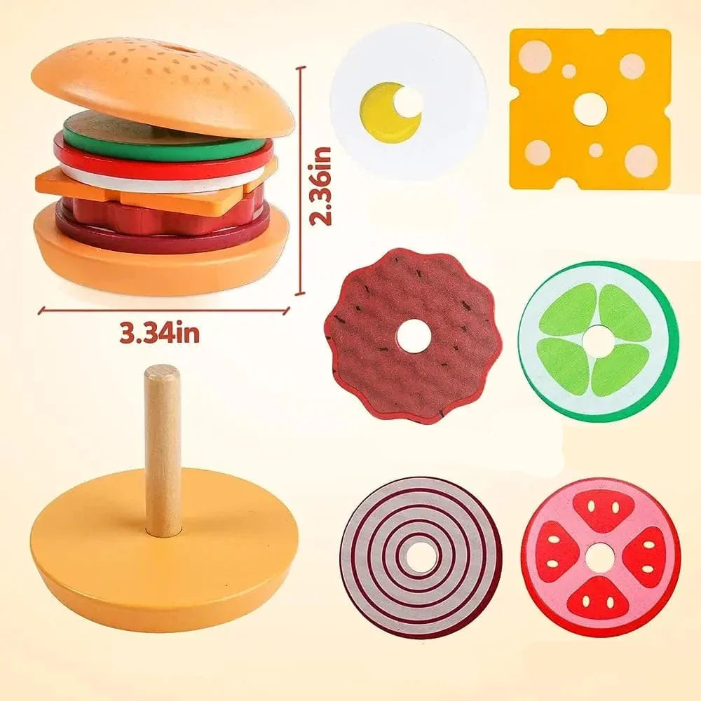 Burger en bois Montessori - Jouets d'empilement pour les tout-petits