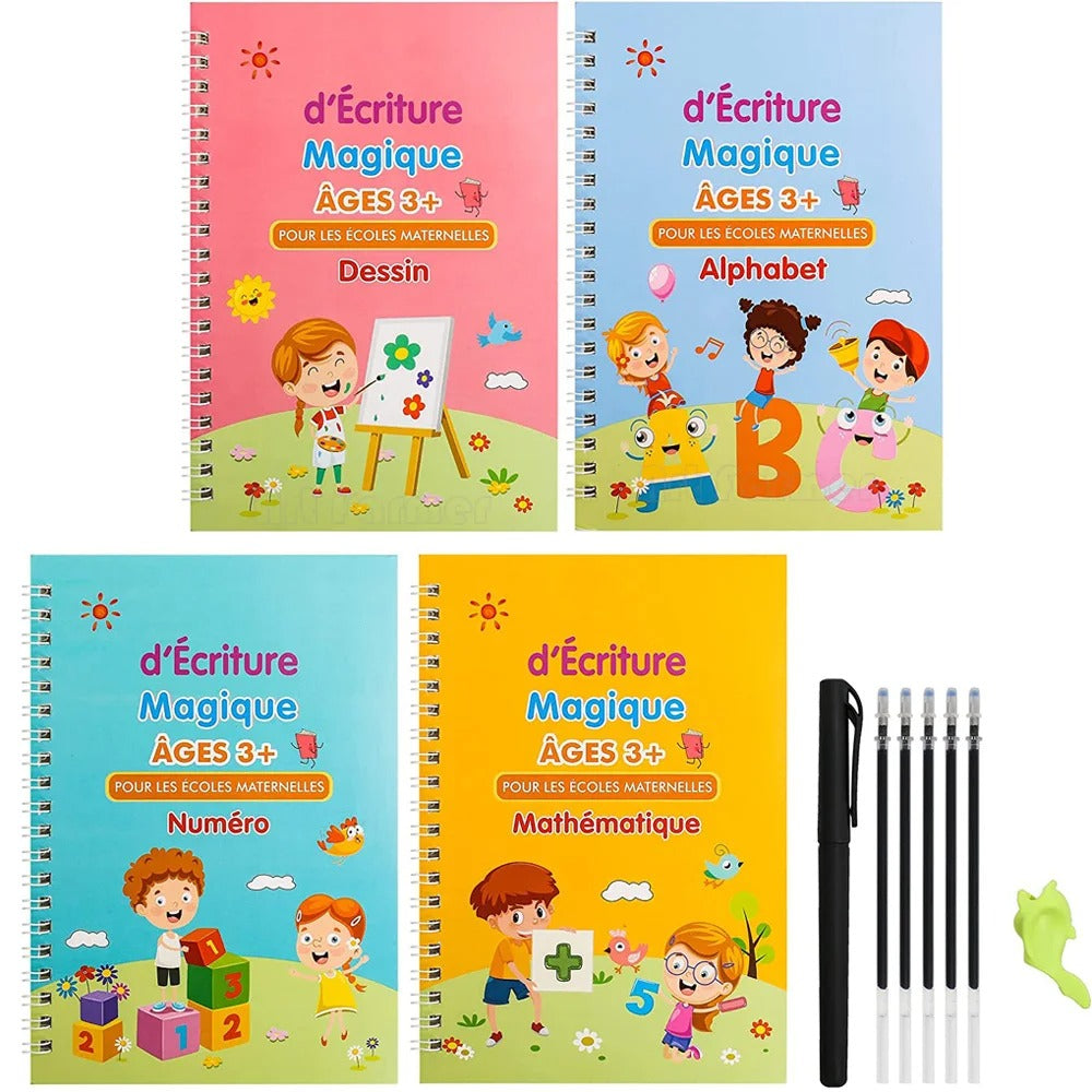 ✏️ Cahiers Magiques Réutilisables – Pack 4 en 1 : Alphabet, Chiffres, Dessin & Écriture