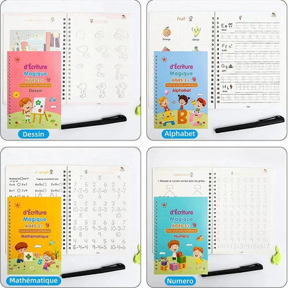 ✏️ Cahiers Magiques Réutilisables – Pack 4 en 1 : Alphabet, Chiffres, Dessin & Écriture